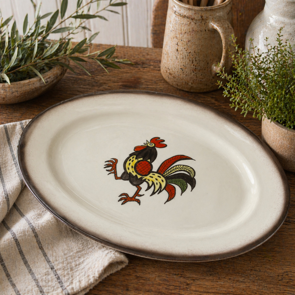 Vintage Metlox Poppytrail Red Rooster 13” Oval Serving Platter Farmhouse